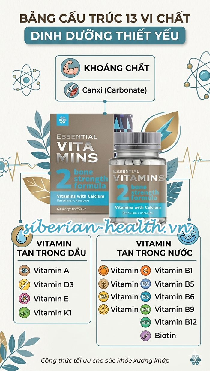 Bảng cấu trúc 13 vi chất trong Essentials Vitamins With Calcium Siberian Wellness