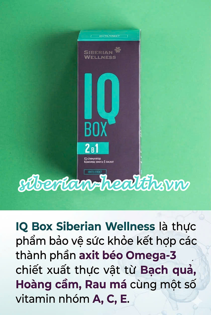 Tổng quan sản phẩm IQ Box Siberian Wellness bao gồm thành phần Omega-3, chiết xuất thực vật và vitamin.