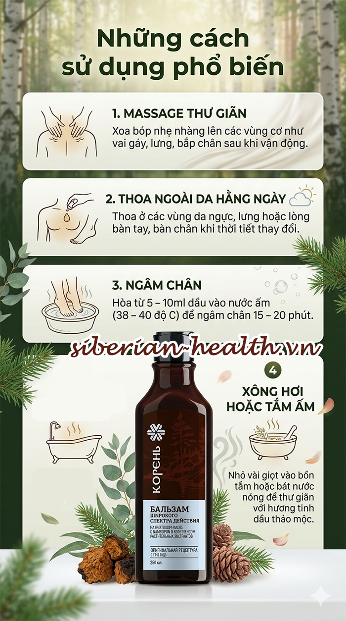 Hướng dẫn những cách sử dụng phổ biến dầu Balsam Nga Koren 250ml để massage xoa bóp ngâm chân và xông hơi