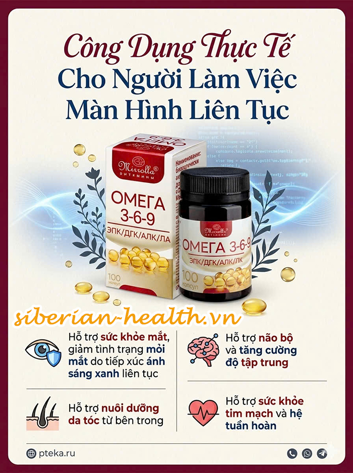 Viên uống Omega 369 Mirrolla Nga hỗ trợ giảm mỏi mắt cho dân văn phòng làm việc máy tính nhiều.
