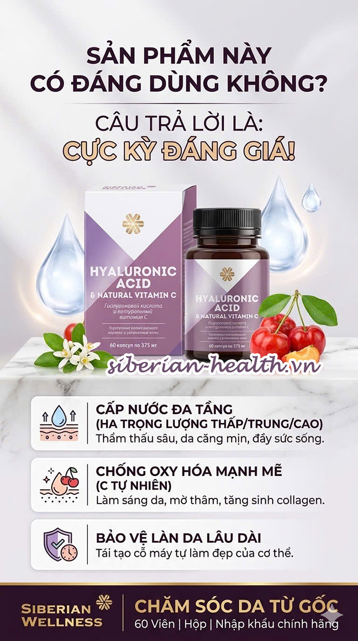 Review sản phẩm Hyaluronic Acid & Natural Vitamin C Siberian Wellness chính hãng